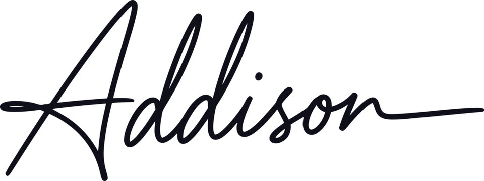 Addison is a stylish script lettering rendered in black ink suitable for a boutique brand logo.