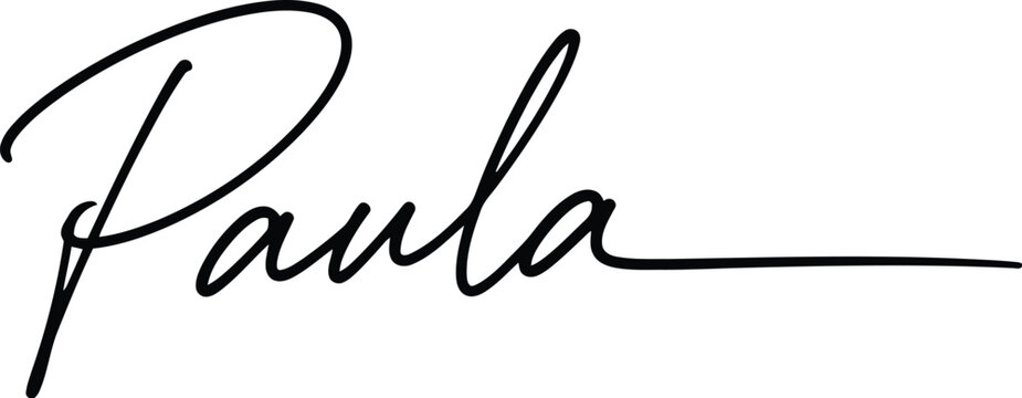 Paula is a handwritten cursive font design displayed in black ink against a stark white backdrop.