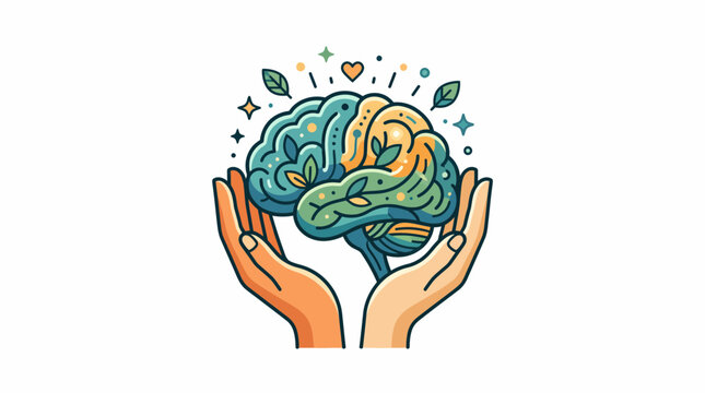 Illustration of hands holding a stylized human brain with nature elements.