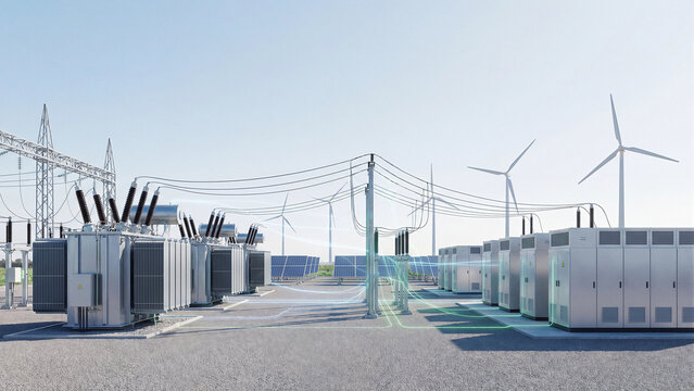 Smart electrical substation with power transformers transmission lines battery storage units wind turbines and solar panels green energy grid integration sustainable infrastructure concept