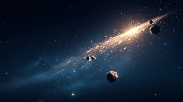 Brightly shining celestial object streaking across dark deep space