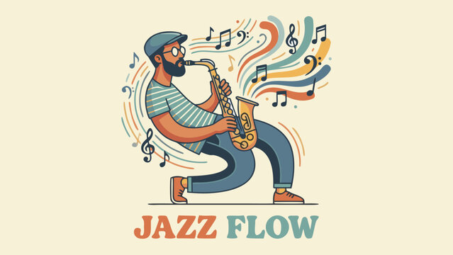 Flat vector illustration of a bearded man in a striped shirt and cap playing a golden saxophone with colorful musical notes and abstract waves flowing out, jazz music performance concept art.