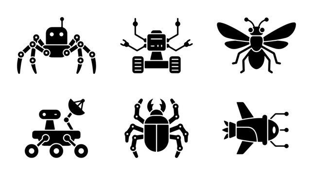 Set of 6 Futuristic Robot and Insect Icons: Sci-Fi Technology, Automation, and Mechanical Lifeforms