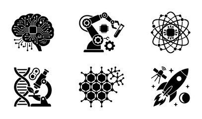 Science and Technology Icons: AI Brain, Robot Arm, Atom, DNA, Molecule, Rocket Ship, Satellite © Rukhsana