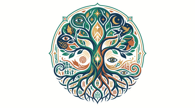 Intricate circular tree of life illustration with symbolic spiritual elements.