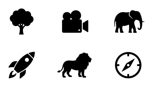 Set of 6 Simple Black Icons: Tree, Camera, Elephant, Rocket, Lion, Compass. Vector Graphics for Design