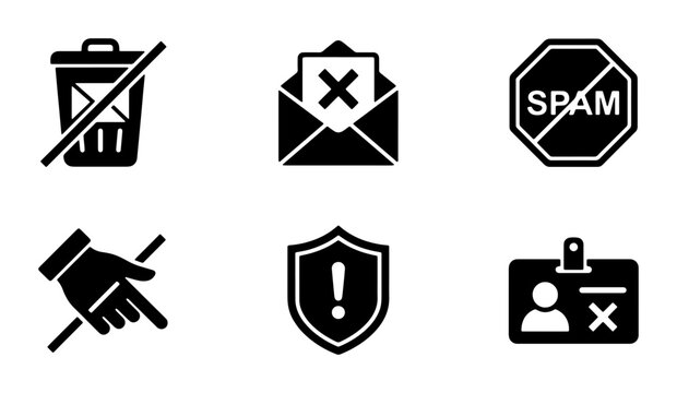 Spam Filter Icons, Email Security Symbols, Delete Trash Can, No Entry Hand, Warning Shield, ID Card Blocked