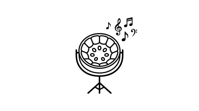 Minimalist outline illustration of a steel pan drum instrument with musical notes.