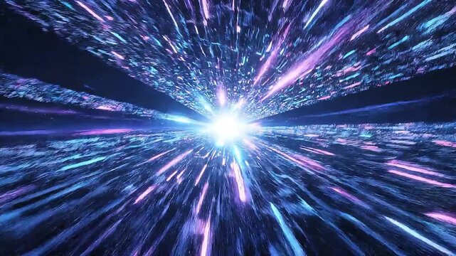 Abstract futuristic light tunnel with glowing blue and purple streaks radiating from a central bright light, depicting speed or hyperspace travel.