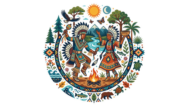 Native American couple dancing in traditional clothing around a campfire illustration.