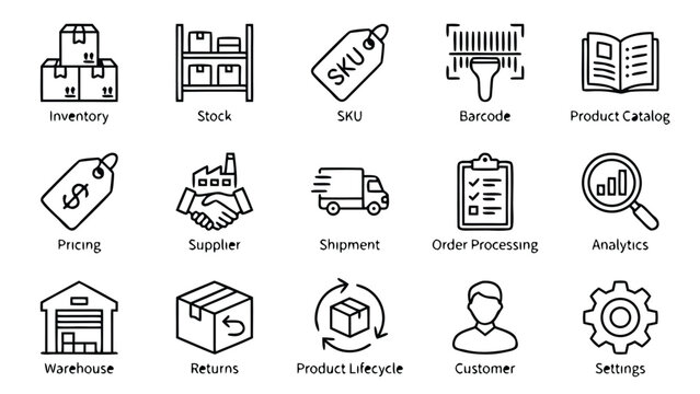 Professional set of 15 product management and inventory line icons including stock, SKU, barcode, catalog, pricing, supplier, shipment, order processing, analytics, warehouse, and returns icons.