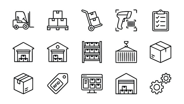 Minimalist Set of 15 Warehouse and Inventory Management Line Icons Featuring Forklift, Barcode Scanner, Pallet, Shipping Container, RFID Tag, and Logistics Software for Supply Chain Optimization.