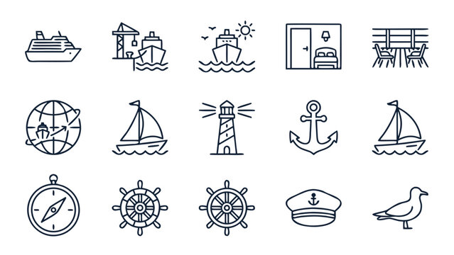 Set of 15 maritime and cruise line icons including cruise ship, port crane, ocean voyage, cabin, deck chairs, globe travel, sailboat, lighthouse, anchor, compass, ship wheel, captain hat, and seagull.