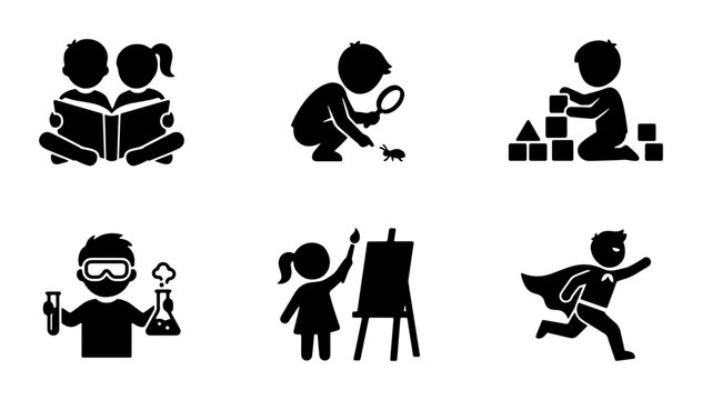 Children's Activities Icons: Reading, Exploring, Building, Science, Art, Superhero Play