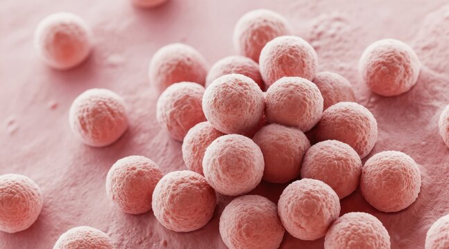 Microscopic view of milia cysts on a pink surface. Tiny round bumps cluster together, showing textured detail. This image is good for medical or science topics.