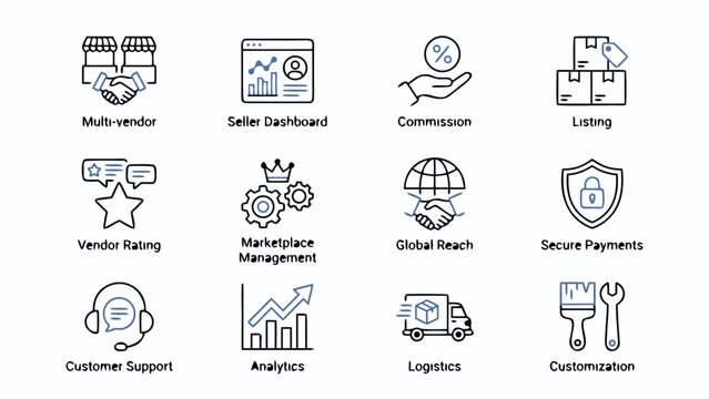 Professional Set of 12 Marketplace and Vendor Line Icons for E-commerce Platforms, featuring Multi-vendor, Seller Dashboard, Commission, Listing, Vendor Rating, Management, Global Reach, and