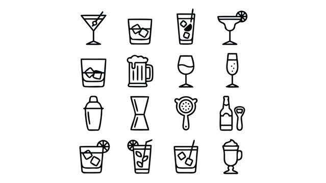 Set of 16 Minimalist Cocktail and Bar Drink Line Icons Featuring Martini, Beer Mug, Wine Glass, Champagne, Shaker, Jigger, and Bottle Opener in a Uniform Stroke Vector Style on White Background.