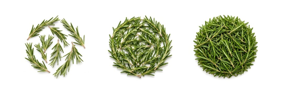 rosemary sprigs in neat small circle on pure white seamless background minimalist product photography soft lighting
