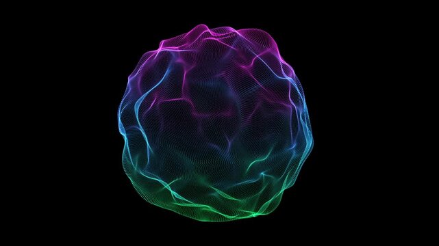 Abstract multi color digital sphere flowing on a black background. Concept of artificial intelligence. Big data technology visualization seamless 4K looping 3D animation background