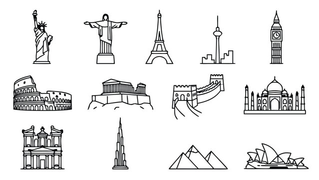 Vector Set of Famous World Landmarks Line Icons Featuring Statue of Liberty, Eiffel Tower, Big Ben, Taj Mahal, Colosseum, Great Wall of China, Pyramids, and Sydney Opera House in Minimalist Style.