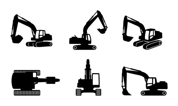 Excavator Icons Set, Construction Machinery Vector Graphics, Heavy Equipment Silhouettes for Industry and Building Projects