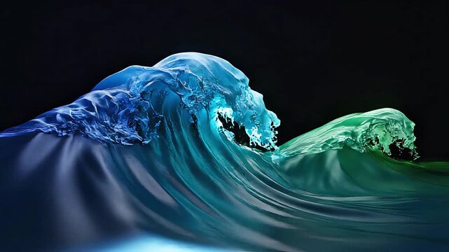 Two vibrant, translucent waves, one blue and one green, cresting against a dark, mysterious background, showcasing fluid motion and glowing light.
