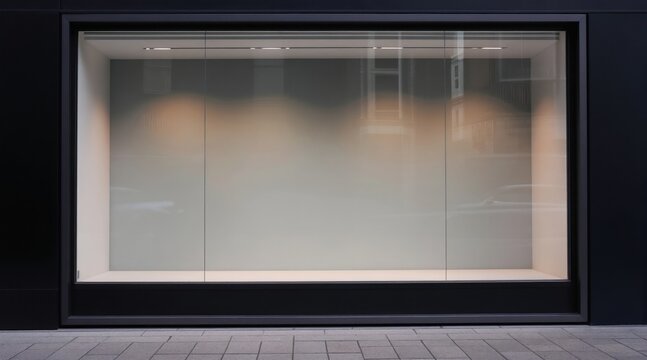 Empty glass shop window front for retail store display. Modern blank storefront facade, retail space for product advertisement. Exterior street view.