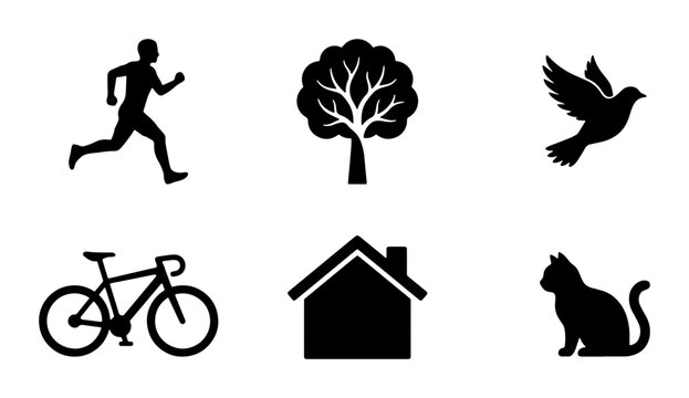 Silhouette Icons: Runner, Tree, Bird, Bicycle, House, Cat. Simple Black Vector Graphics for Lifestyle and Nature Themes.