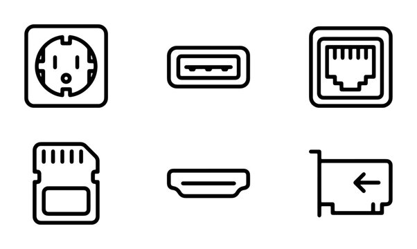 Modern Technology Icons: Power Outlet, HDMI, Ethernet, SD Card, USB, Network Card Vector Set