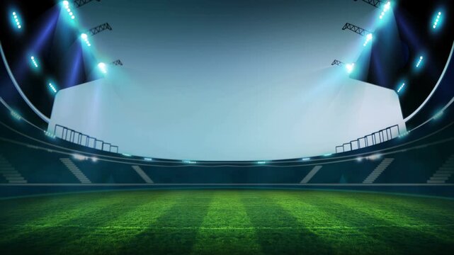 stadium Moving lights, animated flash with people fans. 3d render illustration cloudy sunset	
