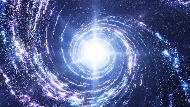 A mesmerizing cosmic vortex of swirling blue and purple light, leading to a bright, unknown destination in the vastness of space.