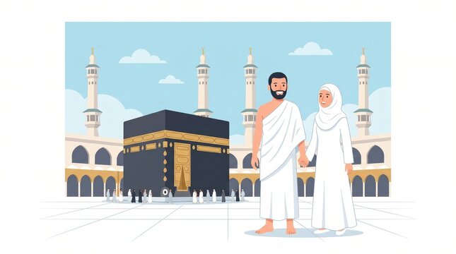 Muslim Couple in Ihram Clothing Standing Near Kaaba Mosque