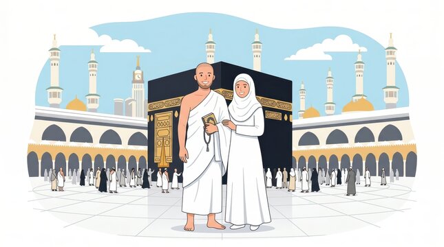 Muslim Pilgrims in White Ihram Standing in Front of Grand Mosque Mecca
