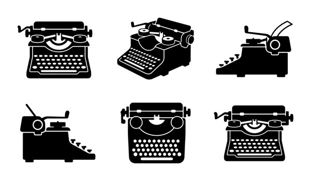 Vintage Typewriter Icons Set, Retro Writing Machine Collection, Classic Mechanical Keyboard Graphics, Historical Office Equipment Vector