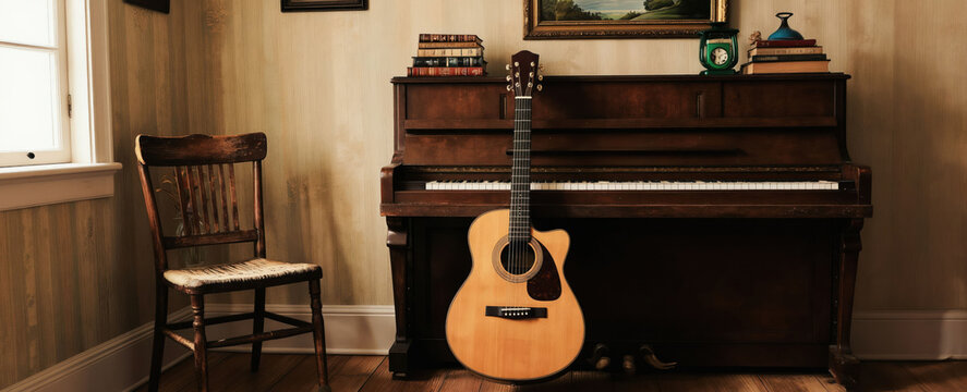 Acoustic guitar rests near antique piano and wooden chair. Books and decor items adorn piano top. Warm sunlight streams through window onto patterned wallpaper.
