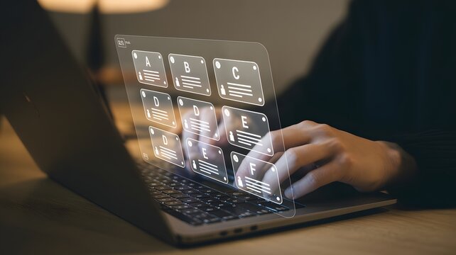 Person using a laptop with a futuristic holographic interface showing educational assessment grading or multiple choice selection menu for digital learning and remote work productivity