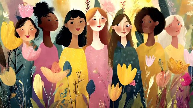 Female diversity. Human rights, equal opportunity concept. A vibrant illustration depicts a group of women standing in a field of flowers. The women are depicted in various poses.