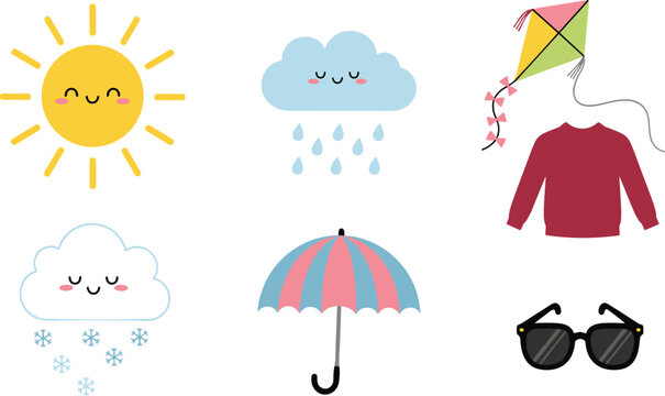 Cute weather vector icon set with smiling sun rain cloud snow umbrella kite sunglasses and sweater symbols