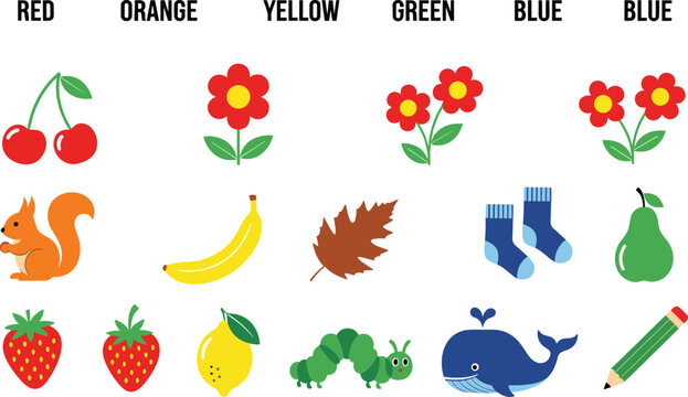 Educational color matching vector icon set with learning elements for kids preschool games and kindergarten activities
