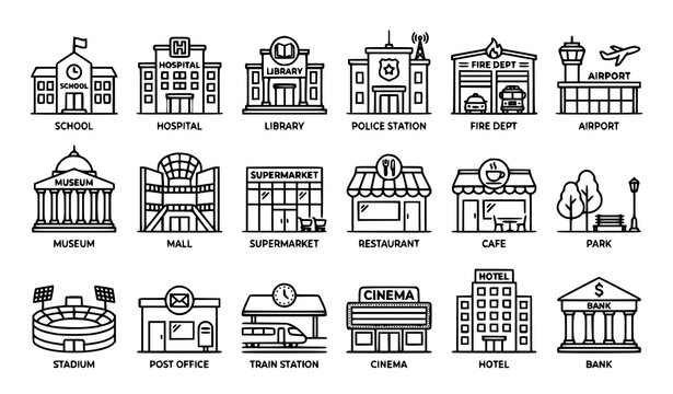Public Place Outline Vector Bundle with City Buildings and Urban Location Line Art Icons