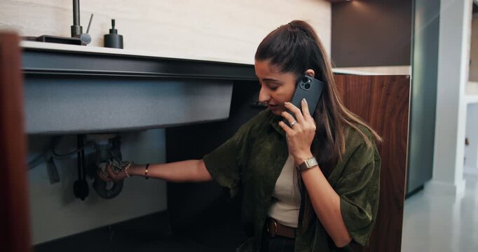 Woman, sink and leakage with phone call at house to contact plumber, emergency and maintenance. Person, mobile and plumbing services for broken pipe, call out request and discussion for urgent repair