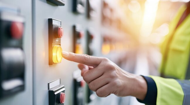 Hand pressing illuminated yellow button on industrial control panel