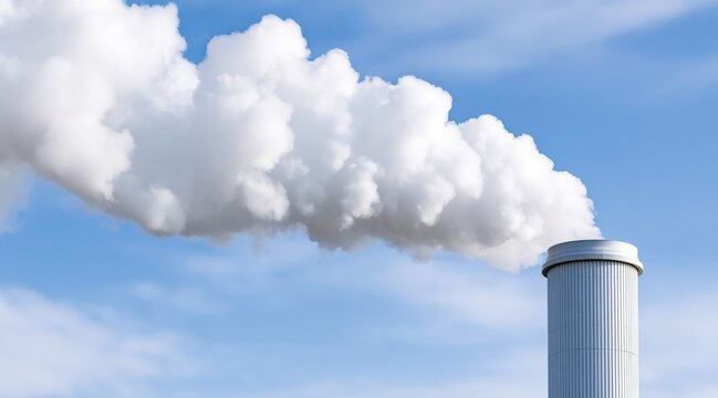 White industrial chimney emitting thick smoke into blue sky