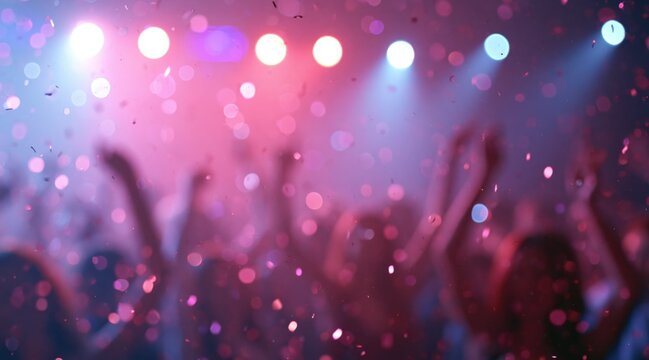 Blurred crowd dancing at music concert with falling confetti and stage lights