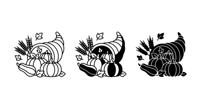Cornucopia Harvest Icons, Autumn Bounty Symbols, Thanksgiving Food Vector Graphics, Fall Celebration Elements