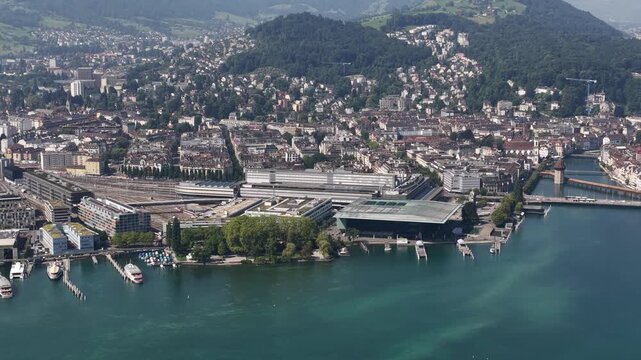 Aerial view of lucerne cityscape and lakefront in switzerland
