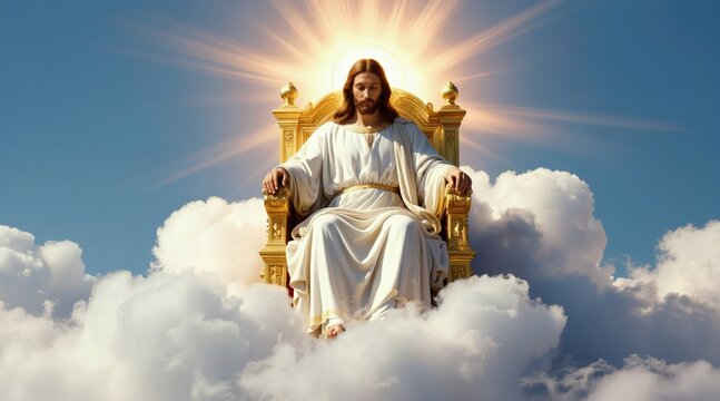 Jesus sits on golden throne in heaven surrounded by white clouds. Divine light shines from above creating peaceful and holy atmosphere. Sky is bright blue.