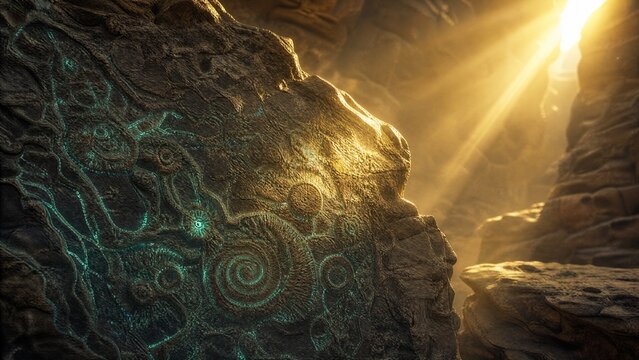 Fossilized microbial patterns glow in ancient rock, lit by primal sunlight.