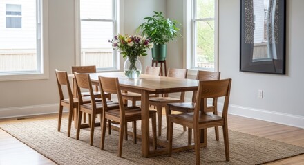 Fototapeta premium Dining room setting with wooden table and chairs sunlight streaming through windows