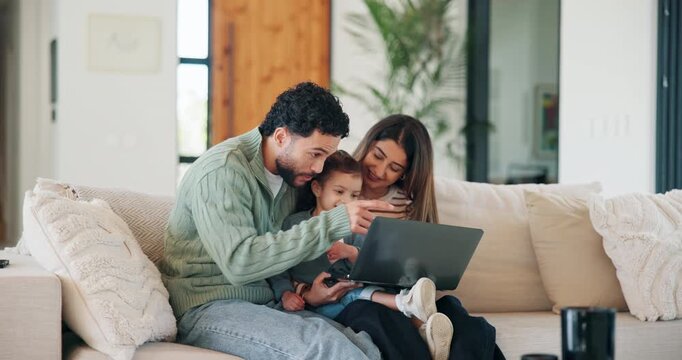 Happy family, laptop and sofa with toddler in home for early childhood development or interaction. Mom, dad and child with computer for elearning, bonding or online entertainment together in house